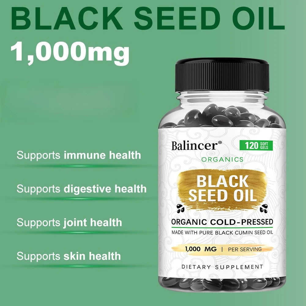 Organic Black Cumin Seed Oil 1000 mg - Immune Support, Promotes Hair Growth, Provides Nutritive Antioxidants, Non-GMO Supplement