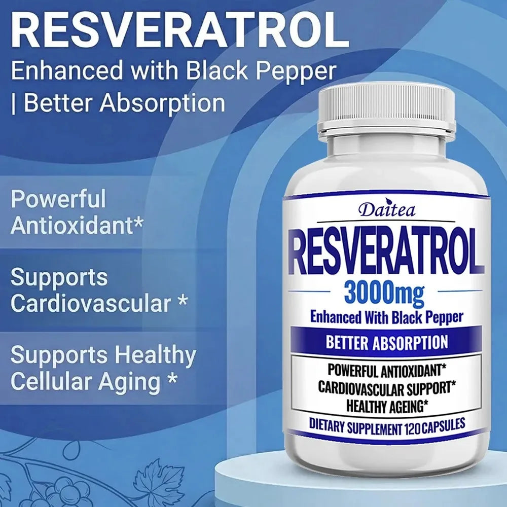 Resveratrol Supplement Capsules - Anti-Aging, Cardiovascular & Joint Support, Skin Health