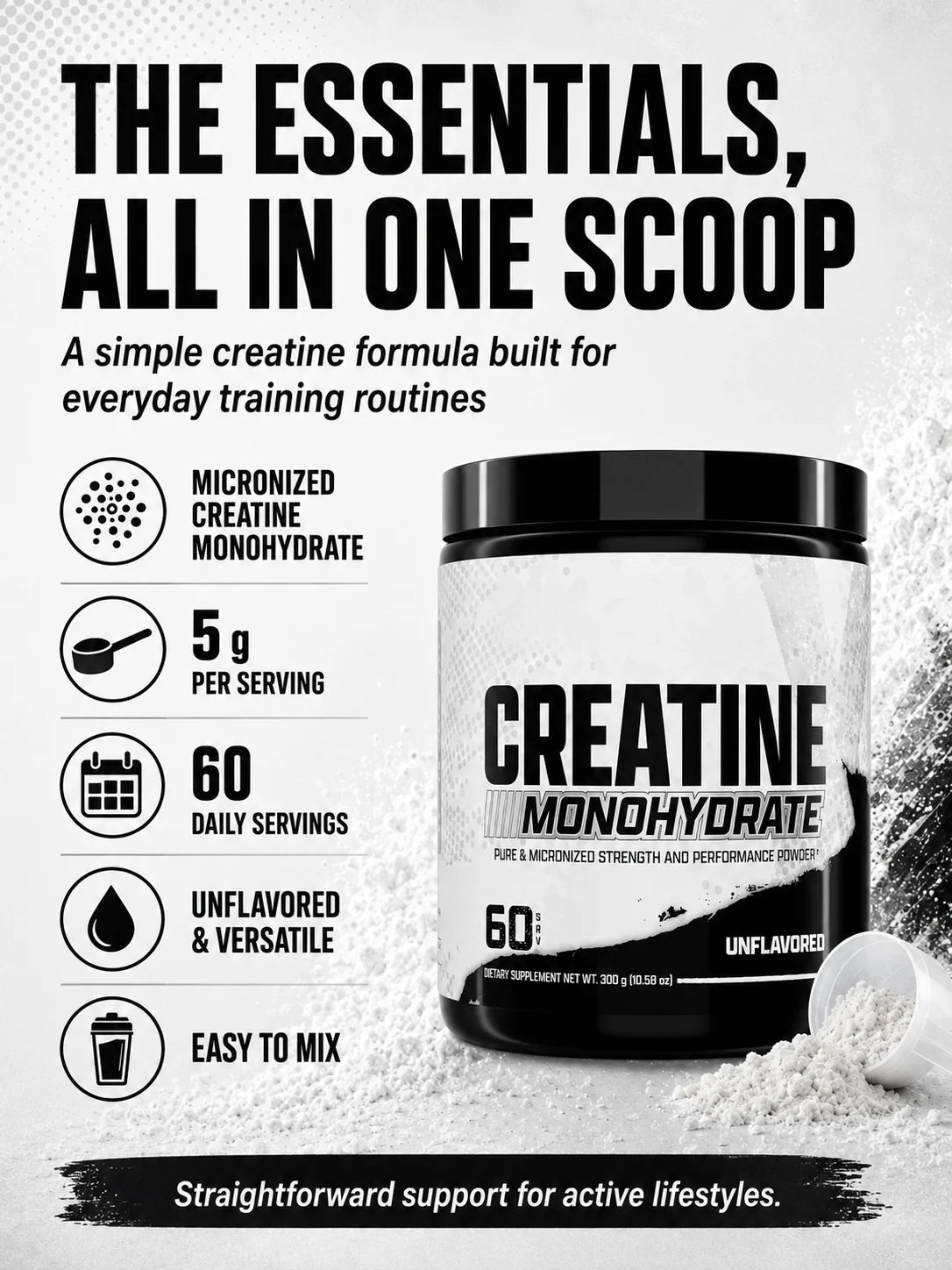 Creatine Monohydrate Powder 300g 60 Servings Micronized Unflavored Easy to Mix Strength Performance Muscle Growth Supplement