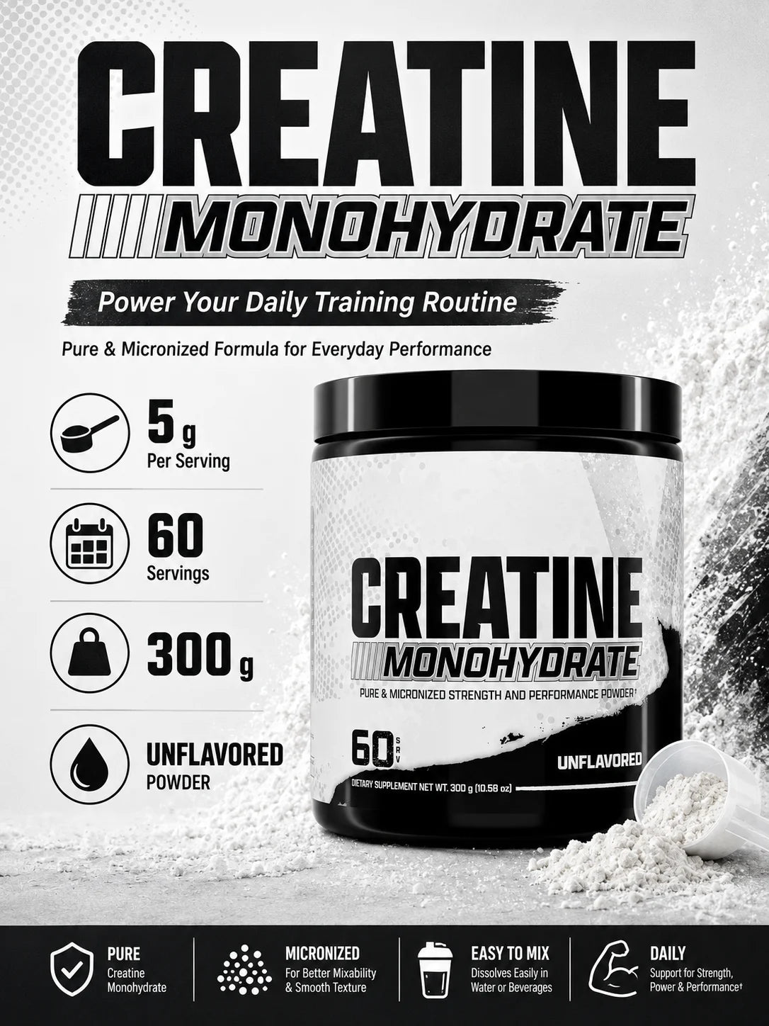 Creatine Monohydrate Powder 300g 60 Servings Micronized Unflavored Easy to Mix Strength Performance Muscle Growth Supplement