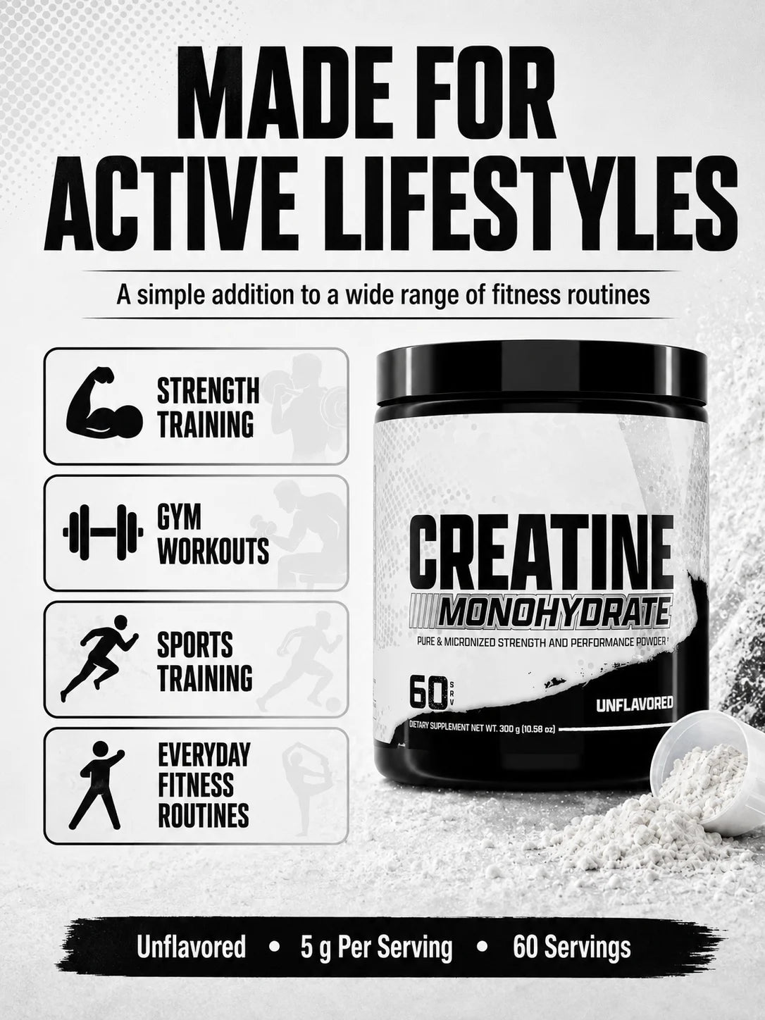 Creatine Monohydrate Powder 300g 60 Servings Micronized Unflavored Easy to Mix Strength Performance Muscle Growth Supplement