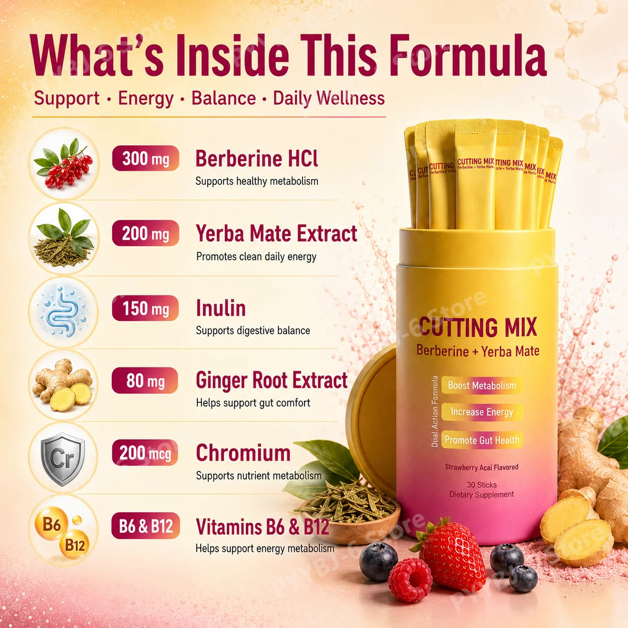 Berberine Yerba Mate Dietary Supplement Powder 30 Stick Packs Metabolism Energy Gut Health Support Strawberry Acai Flavor