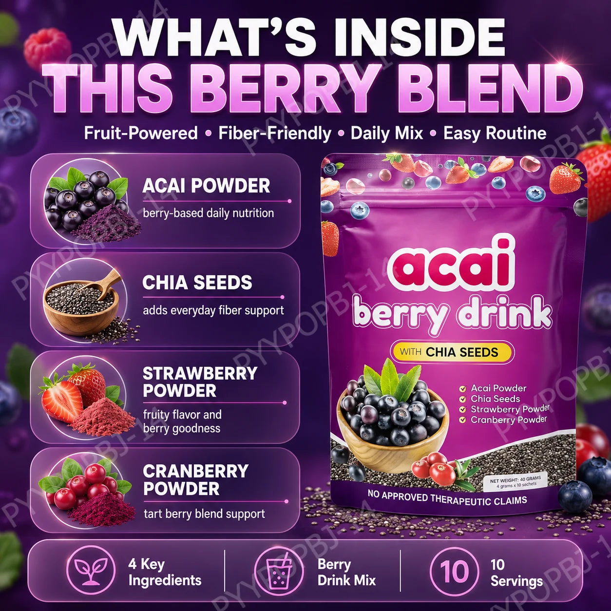 Acai Berry Supplement Powder with Chia Seeds – Berry & Seed Blend – 10 Sachets – Easy To Mix – Non-GMO, Gluten Free