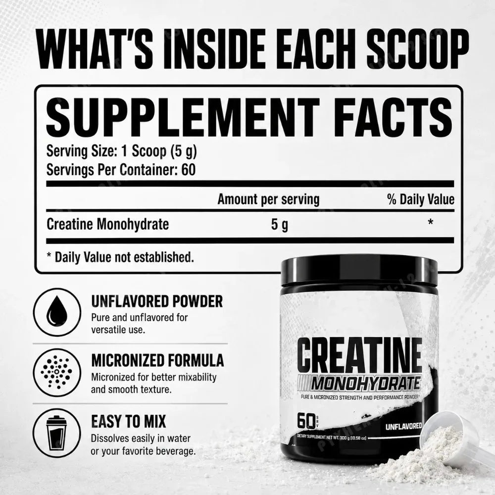 Creatine Monohydrate Powder 300g 60 Servings Micronized Unflavored Easy to Mix Strength Performance Muscle Growth Supplement