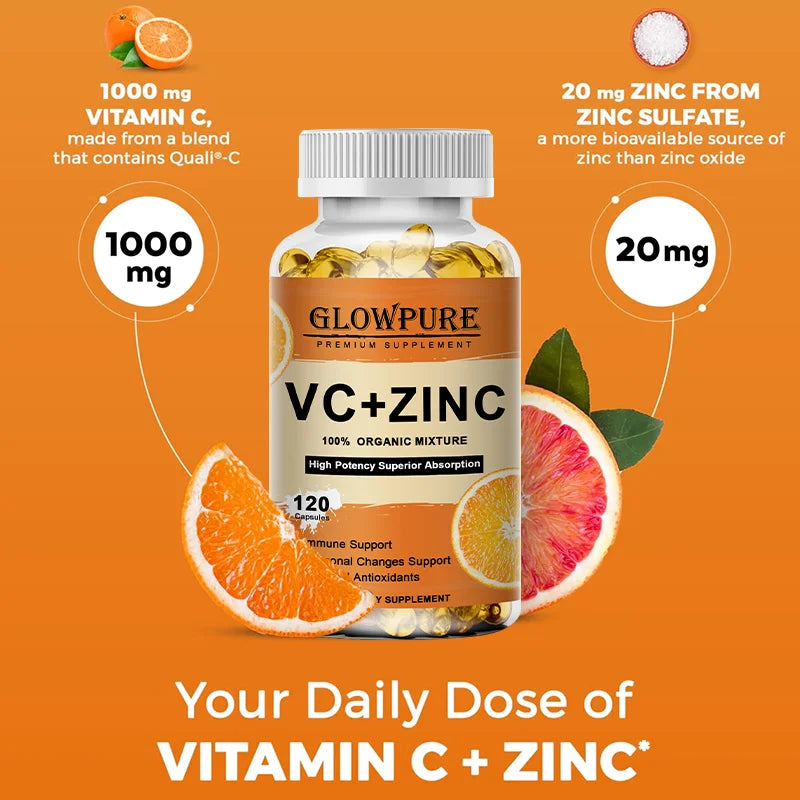 Vitamin C and Zinc Supplement Suuport Antioxidant Protection for Immune, Cellular Energy Production