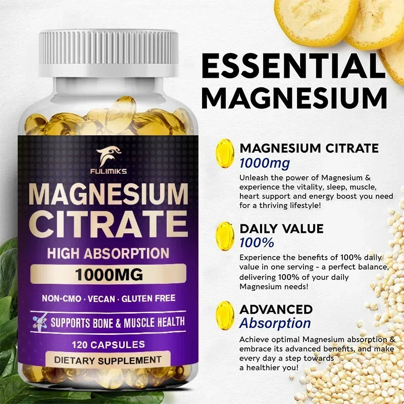 FULIMIKS Magnesium Citrate Supplement, Supports Muscle & Bone Health, Relaxation, Cardiovascular Function, for Adults