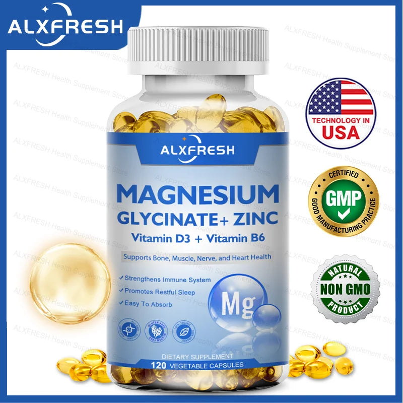 Original Magnesium Glycinate 500mg Supplement – High Absorption for Relaxation, Sleep & Muscle Support - D3 B6 Zinc