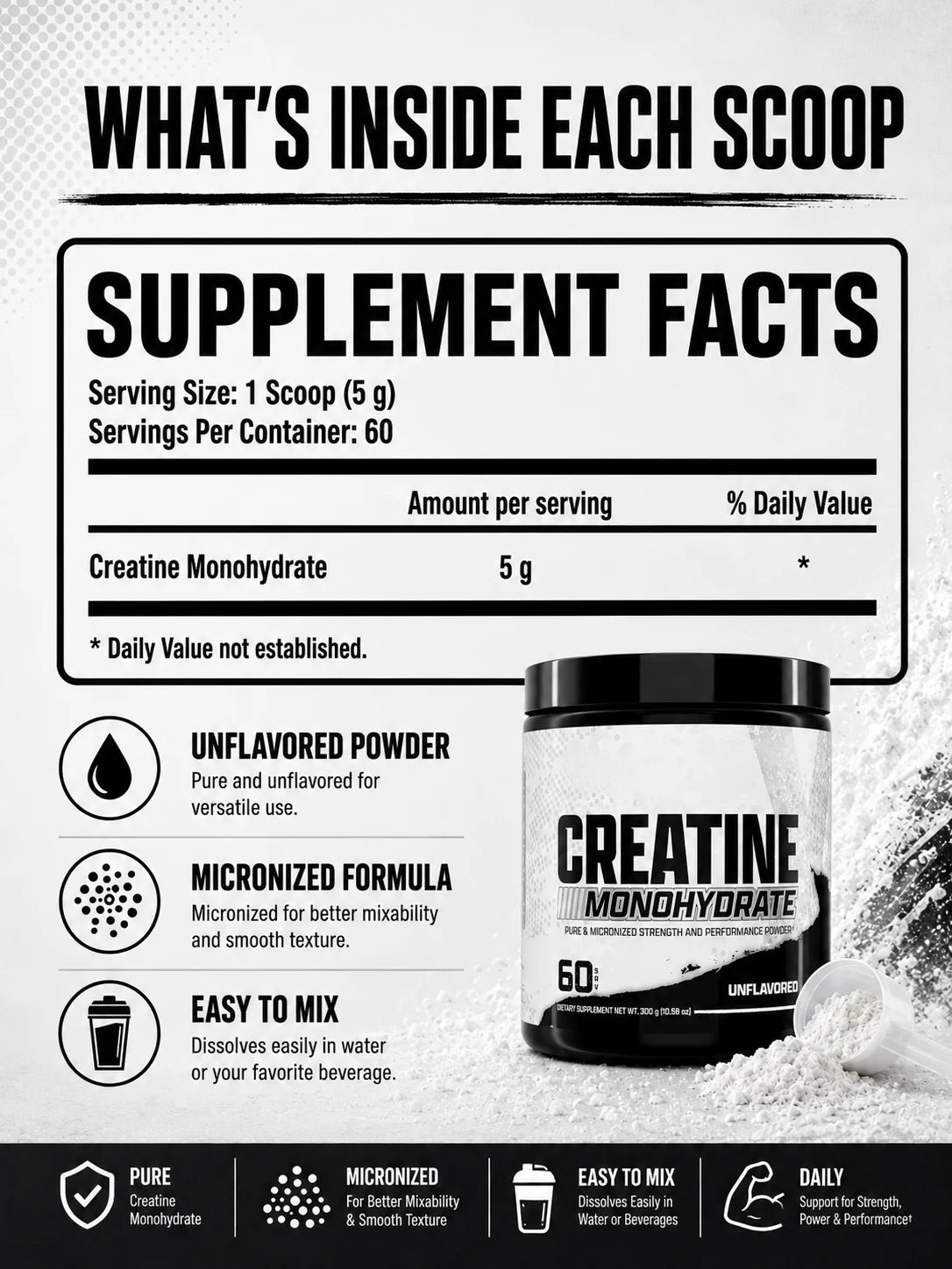 Creatine Monohydrate Powder 300g 60 Servings Micronized Unflavored Easy to Mix Strength Performance Muscle Growth Supplement