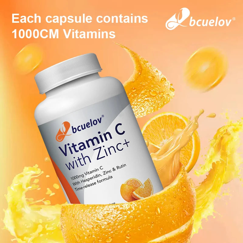 Bcuelov Vitamin C Mit Zink Capsules 1000mg Vitamin C with 5mg Zinc Capsule Immune Support, Energy Production, Vitamin Supplement