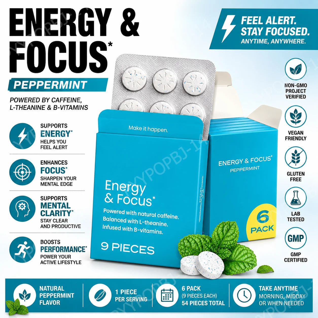 L-Theanine Chews Supplement Supports Natural Alertness Relaxation Peppermint Flavor Vegan Gluten Free