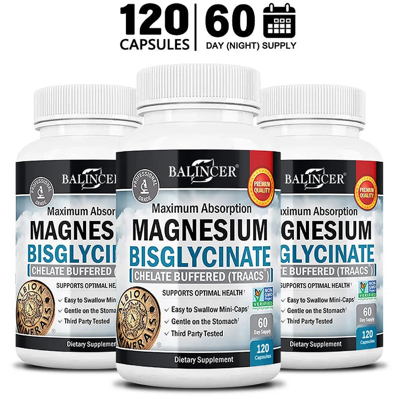Magnesium Bisglycinate Capsules, Daily Mineral Supplement, Supports Muscle Nerve Bone Cardiovascular Energy & Immune Wellness
