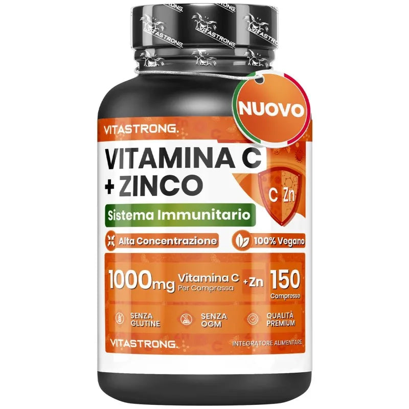 Vitamin C + Zinc 1000 mg, 150 Capsules – Supports the Immune System, Antioxidant, Collagen Support, for Skin, Hair and Nails, Zinc 10 mg, High-Concentration Dietary Supplement, Gluten- and Lactose-Free, Made in Italy