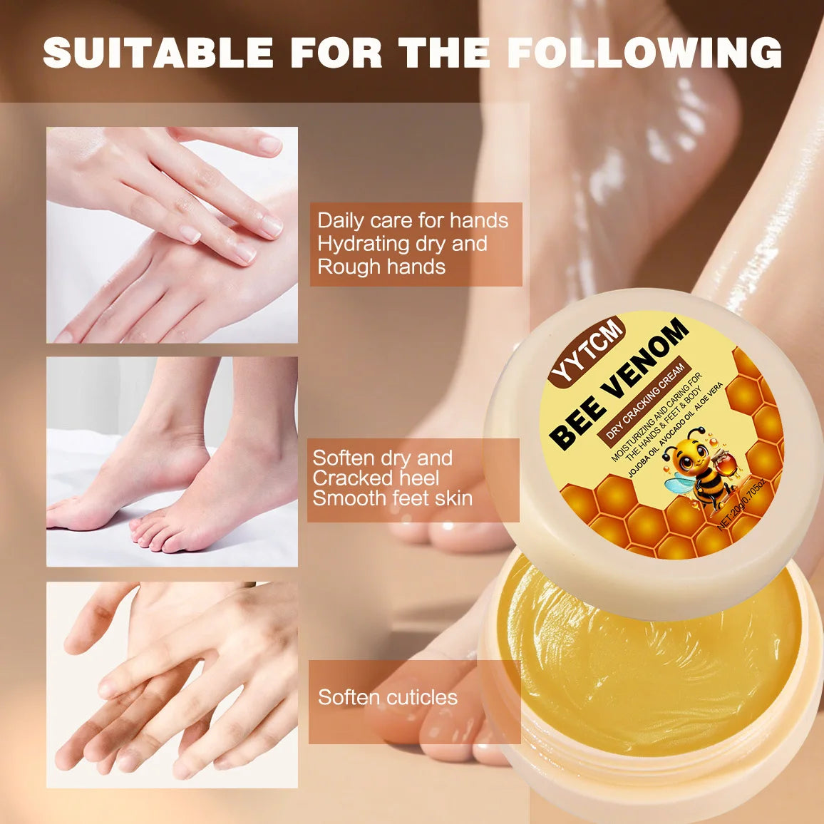 Bee Venom Dry Crack Moisturizing Cream, Hydrating &amp; Nourishing for Autumn Winter, Smooth &amp; Soft Skin Care, Hydrating Foot Cream