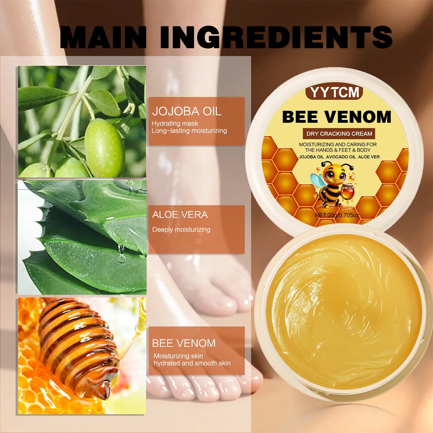 Bee Venom Dry Crack Moisturizing Cream, Hydrating &amp; Nourishing for Autumn Winter, Smooth &amp; Soft Skin Care, Hydrating Foot Cream