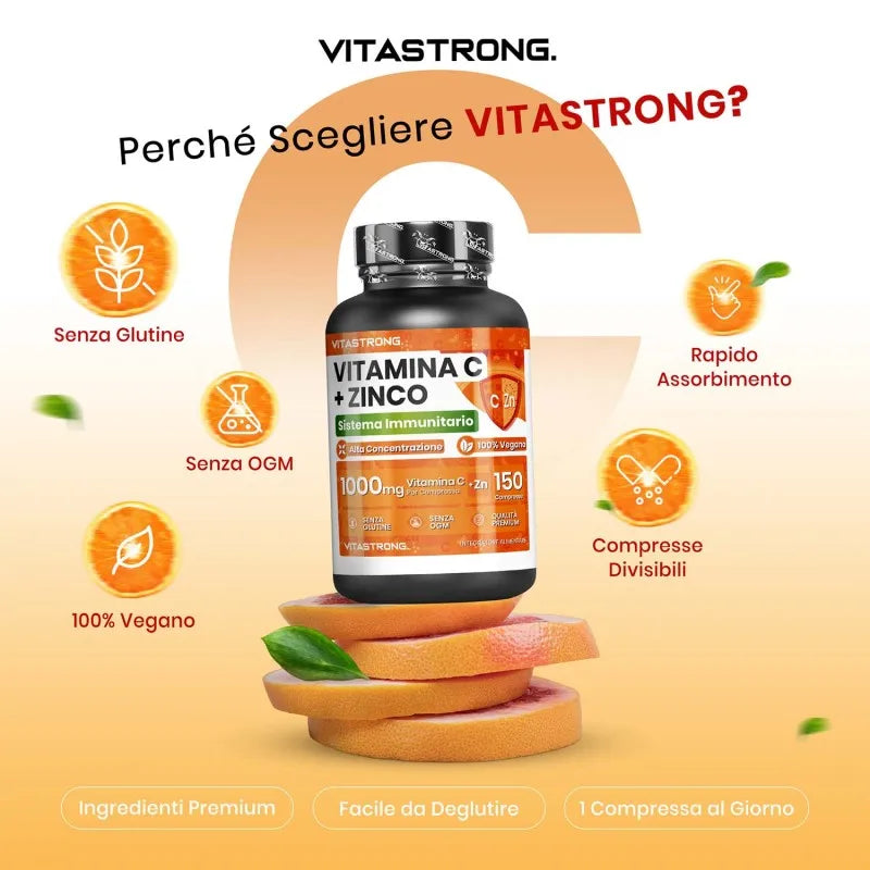 Vitamin C + Zinc 1000 mg, 150 Capsules – Supports the Immune System, Antioxidant, Collagen Support, for Skin, Hair and Nails, Zinc 10 mg, High-Concentration Dietary Supplement, Gluten- and Lactose-Free, Made in Italy