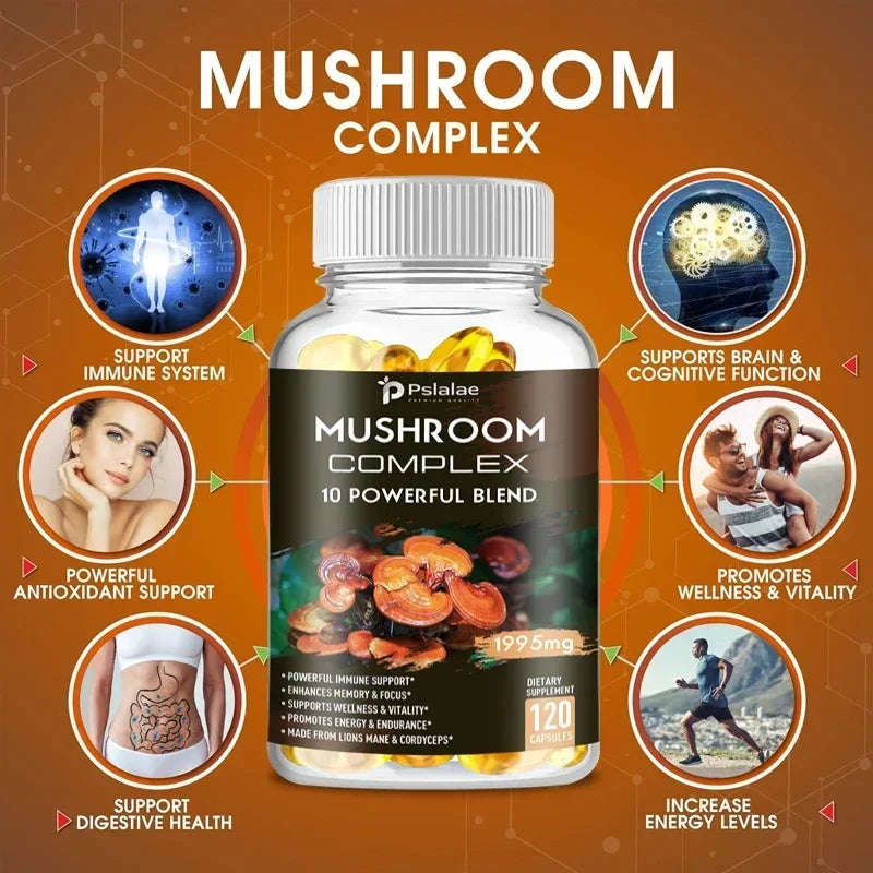 Mushroom Complex Supplement - Supports Brain and Immune Health, Enhances Memory, Focus and Clarity, Boosts Energy, Non-GMO