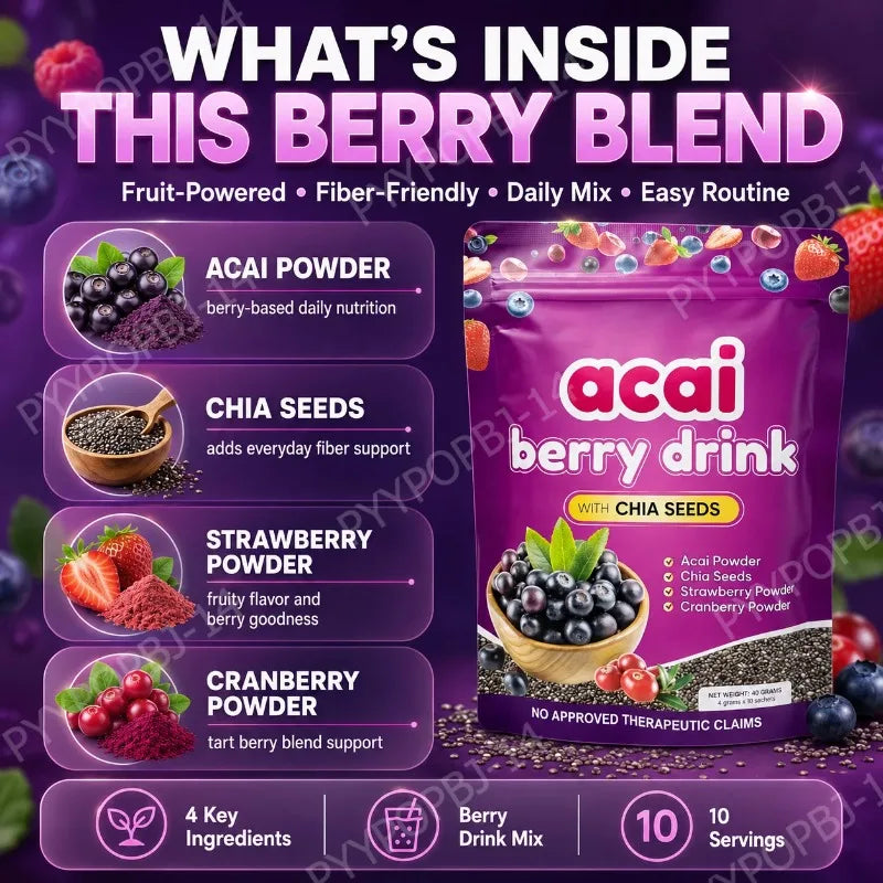 Acai Berry Supplement Powder with Chia Seeds – Berry &amp; Seed Blend – 10 Sachets – Easy To Mix – Non-GMO, Gluten Free