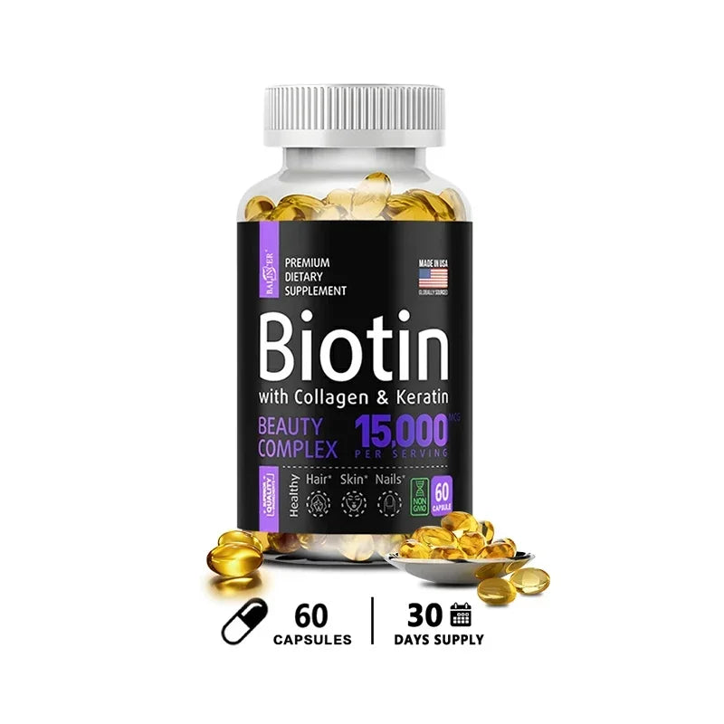 Biotin Supplement - 15,000 Mcg with Collagen and Keratin, Vitamins, Shiny Hair, Skin and Nails, Joint Health, 30/60/120 Capsules