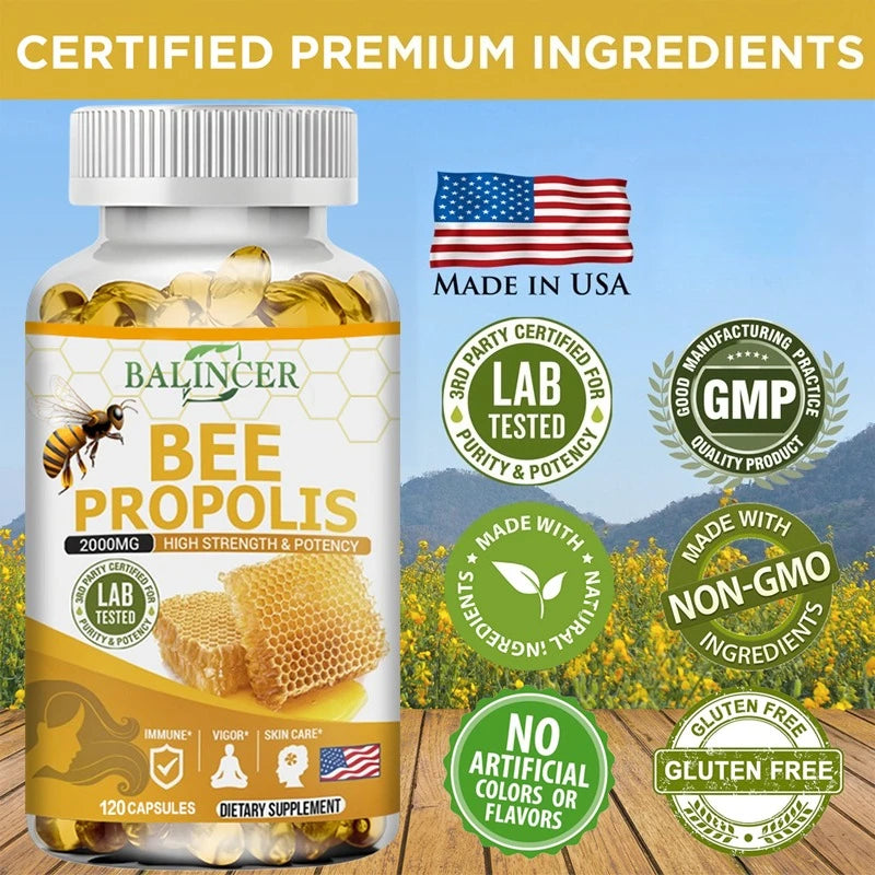 Natural Bee Propolis Capsules - Relieves Joint Pain and Stiffness, Promotes Bone Health, for Immunity and Anti-oxidation