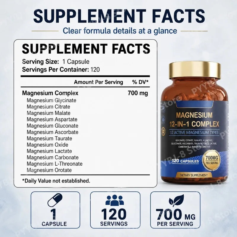 12 in 1 Magnesium Complex Capsules Support Muscle Relaxation &amp; Heart Health 120 Count Dietary Supplement—Glycinate Aspartate Etc