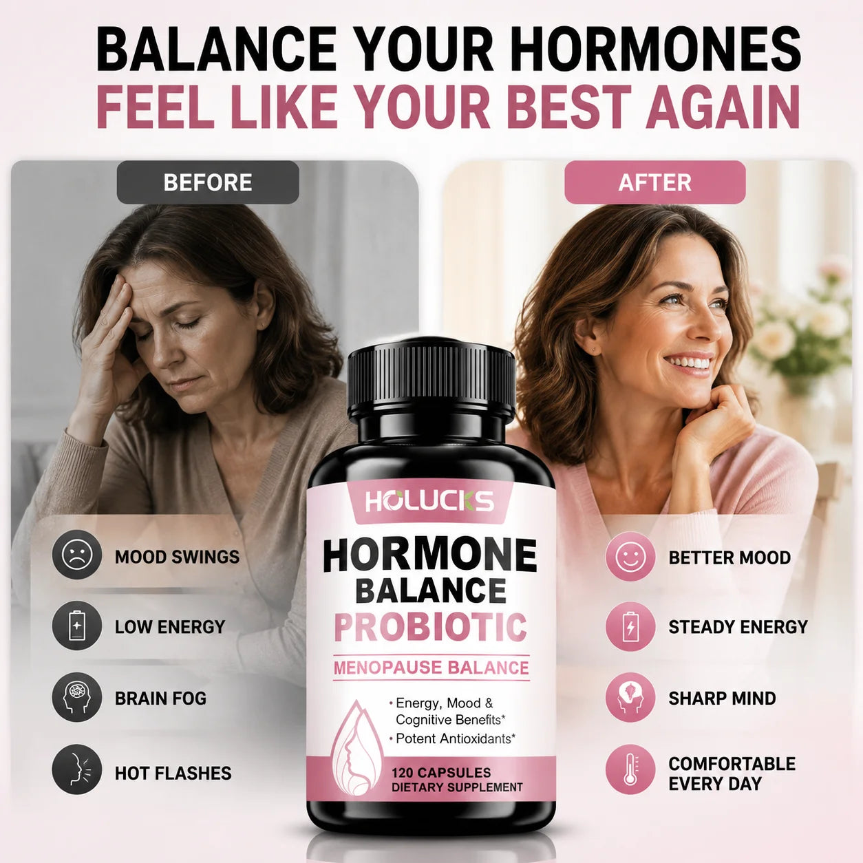 Hormone Balance Probiotic, Supports Menopause Balance, Relieves Fatigue, Mood Swings, Improve Digestion &amp; Metabolism