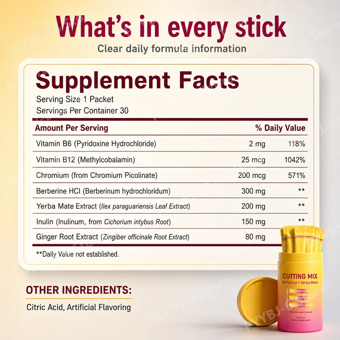 Berberine Yerba Mate Dietary Supplement Powder 30 Stick Packs Metabolism Energy Gut Health Support Strawberry Acai Flavor