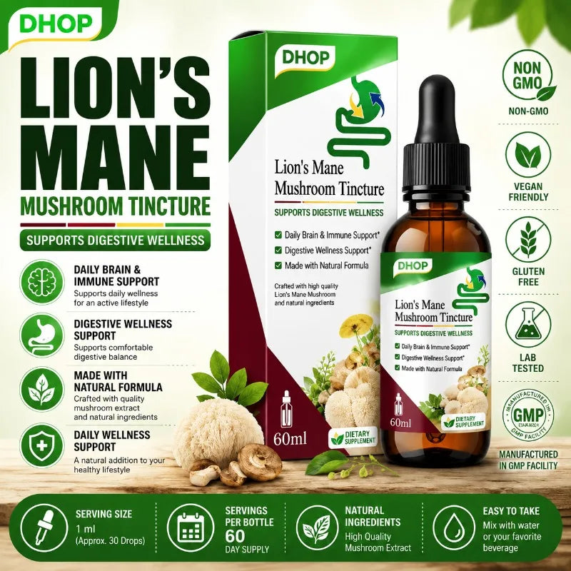 Lion’s Mane Mushroom Tincture Liquid Drops Vegan Non GMO Mushroom Extract Brain &amp; Digestive Wellness Support Supplement 60ml