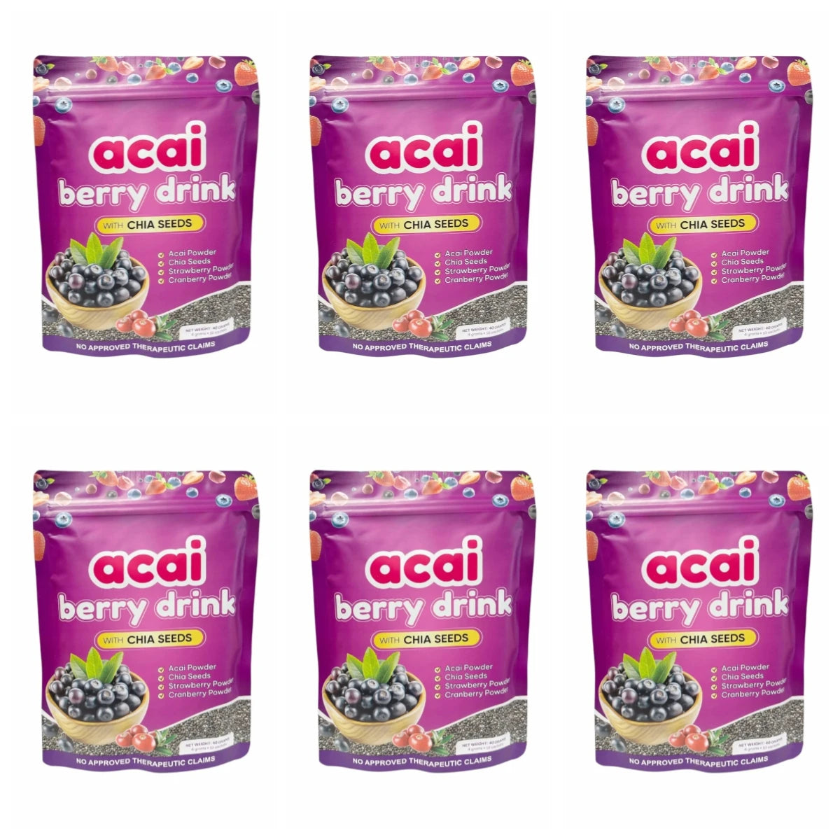 Acai Berry Supplement Powder with Chia Seeds – Berry &amp; Seed Blend – 10 Sachets – Easy To Mix – Non-GMO, Gluten Free
