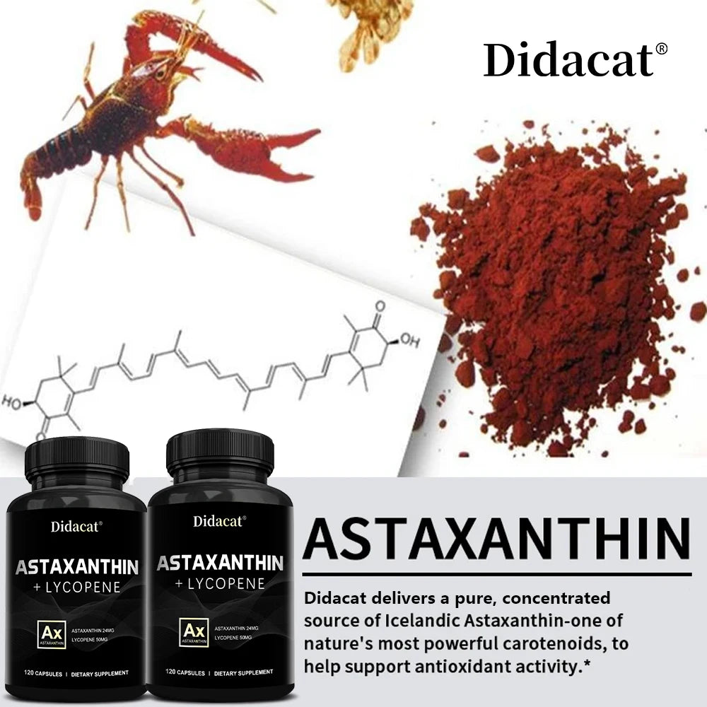 Astaxanthin 24mg + Lycopene 50mg , Natural Antioxidant From Microalgae Astaxanthin Supplement, Support Eye, Skin Health, Non-GMO