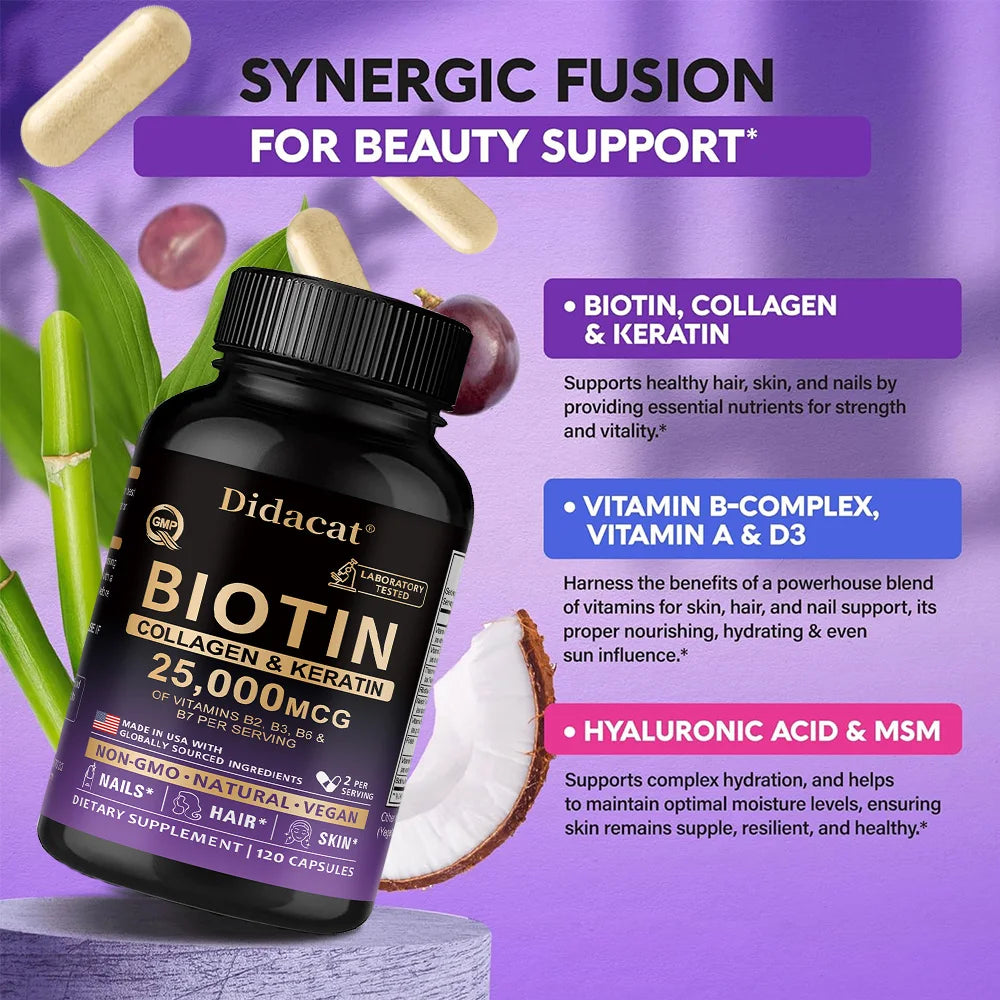 Biotin Vitamins with Collagen &amp; Keratin - 25000 mcg Capsules,B1,B2,B3,B6,B7 Complex,Healthy Nails &amp; Skin,Hair Growth
