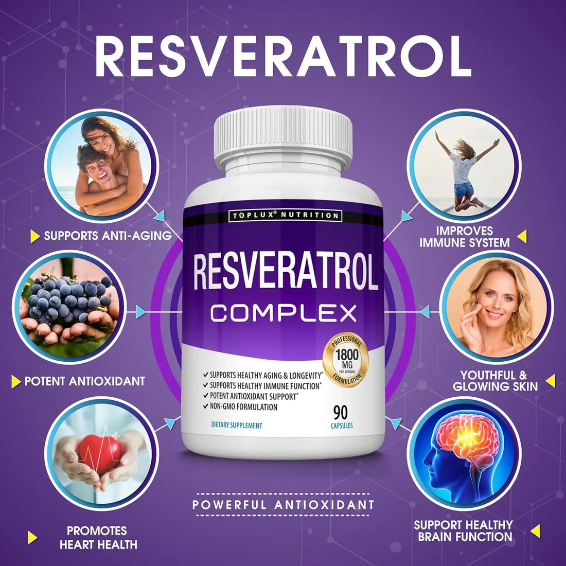 Resveratrol Complex - Trans Resveratrol Supplement with Grape Seed - Promote healthy aging, immune system, brain functio 90 pill