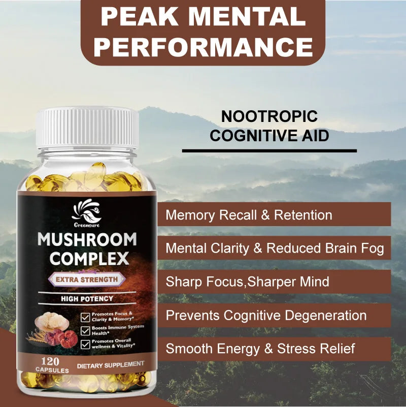 Lion Mane Cordyceps Mushroom Complex Supplement for Nootropic Brain Memory &amp; Focus Immune &amp; Stress Relief