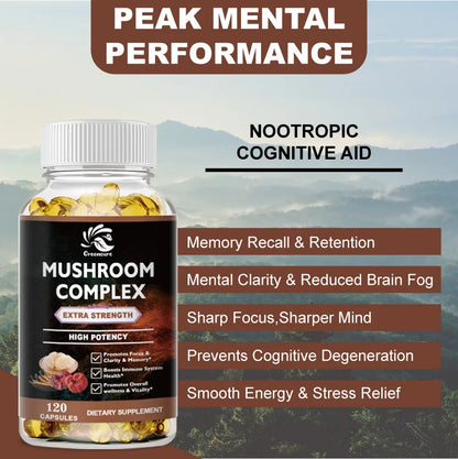 Lion Mane Cordyceps Mushroom Complex Supplement for Nootropic Brain Memory &amp; Focus Immune &amp; Stress Relief