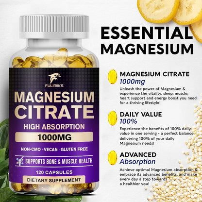 FULIMIKS Magnesium Citrate Supplement, Supports Muscle &amp; Bone Health, Relaxation, Cardiovascular Function, for Adults