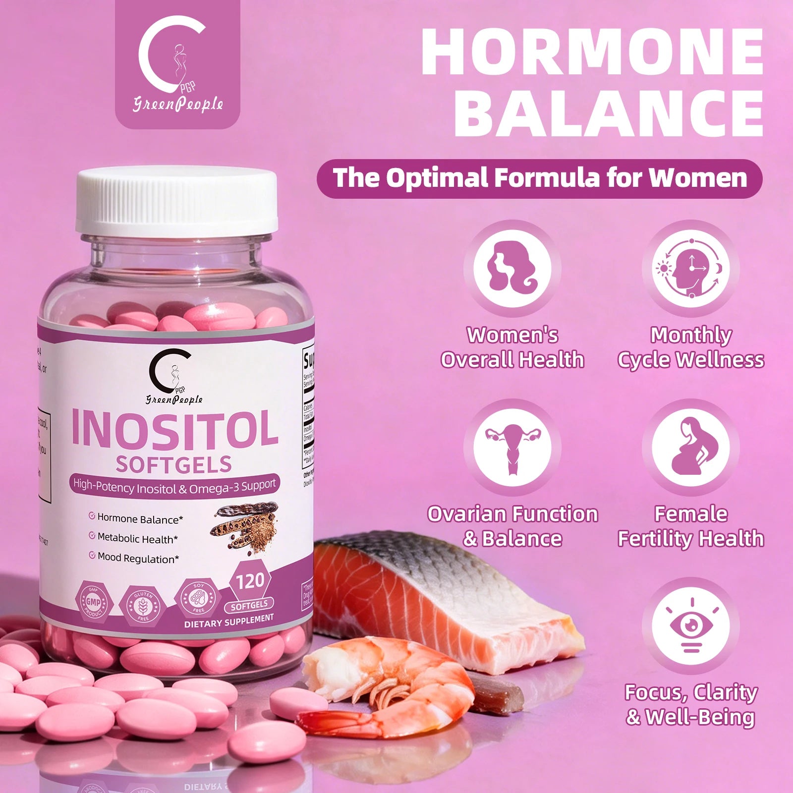 120PCS Inositol Capsule with Omega-3 Supports Ovarian Function,Hormone Balance,Fertility Supplements for Women