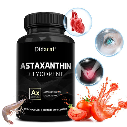 Astaxanthin 24mg + Lycopene 50mg , Natural Antioxidant From Microalgae Astaxanthin Supplement, Support Eye, Skin Health, Non-GMO