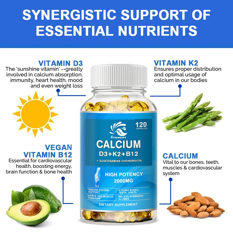 Calcium Vitamin D3 Plus with B12, K2 - High Potency Food Based Immune - Support Bone Health &amp; Mood Balance Supplement