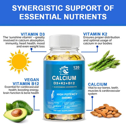 Calcium Vitamin D3 Plus with B12, K2 - High Potency Food Based Immune - Support Bone Health &amp; Mood Balance Supplement