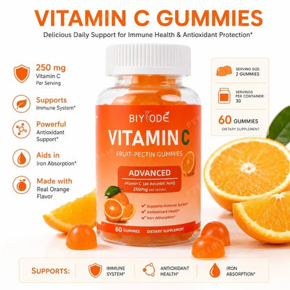 Vitamin C Gummies 250mg Orange Flavor 60 Count Fruit Pectin Chewables Daily Wellness Supplement Gluten Free for Adults Men Women