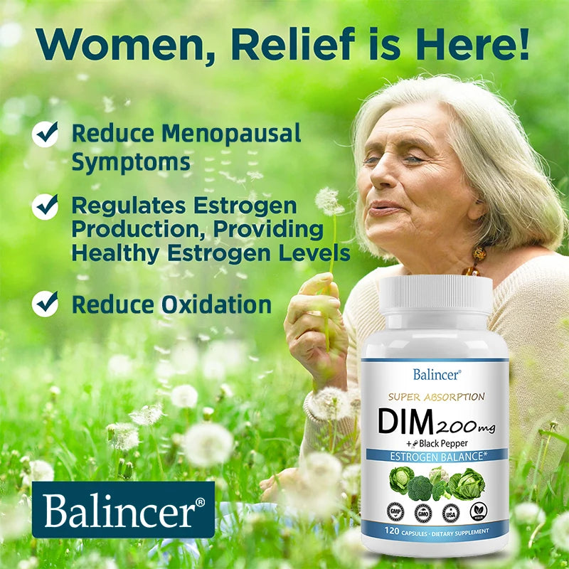 DIM Supplement 200mg Diindolylmethane - Maintains Hormonal Balance with Estrogen for Menopause and Mid-life
