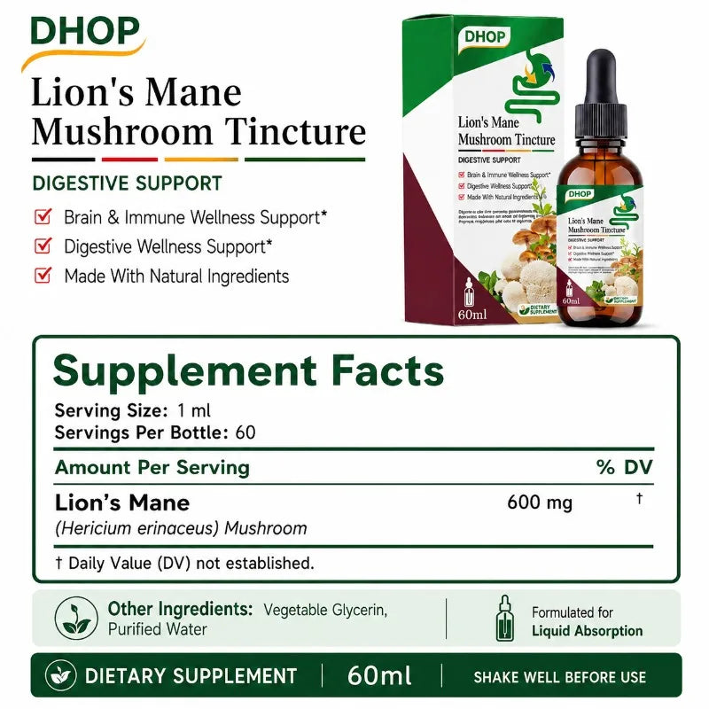 Lion’s Mane Mushroom Tincture Liquid Drops Vegan Non GMO Mushroom Extract Brain &amp; Digestive Wellness Support Supplement 60ml