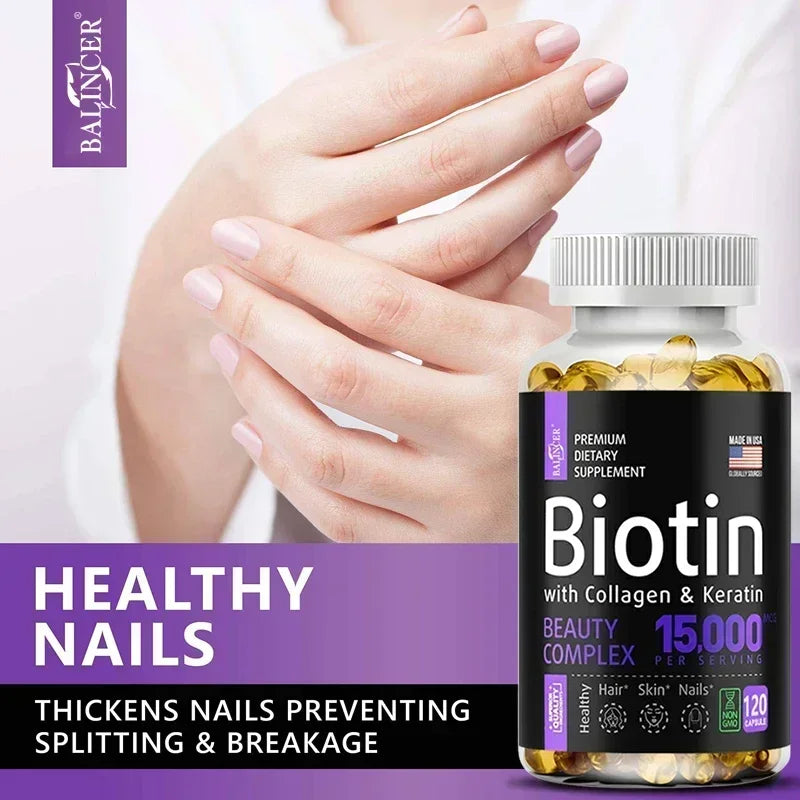 Biotin Supplement - 15,000 Mcg with Collagen and Keratin, Vitamins, Shiny Hair, Skin and Nails, Joint Health, 30/60/120 Capsules