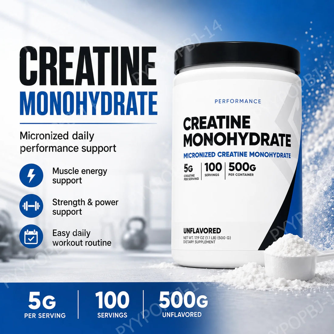 Creatine Monohydrate Micronized Powder Unflavored 5g Per Serving 100 Servings Muscle Energy Strength Power Support 500g