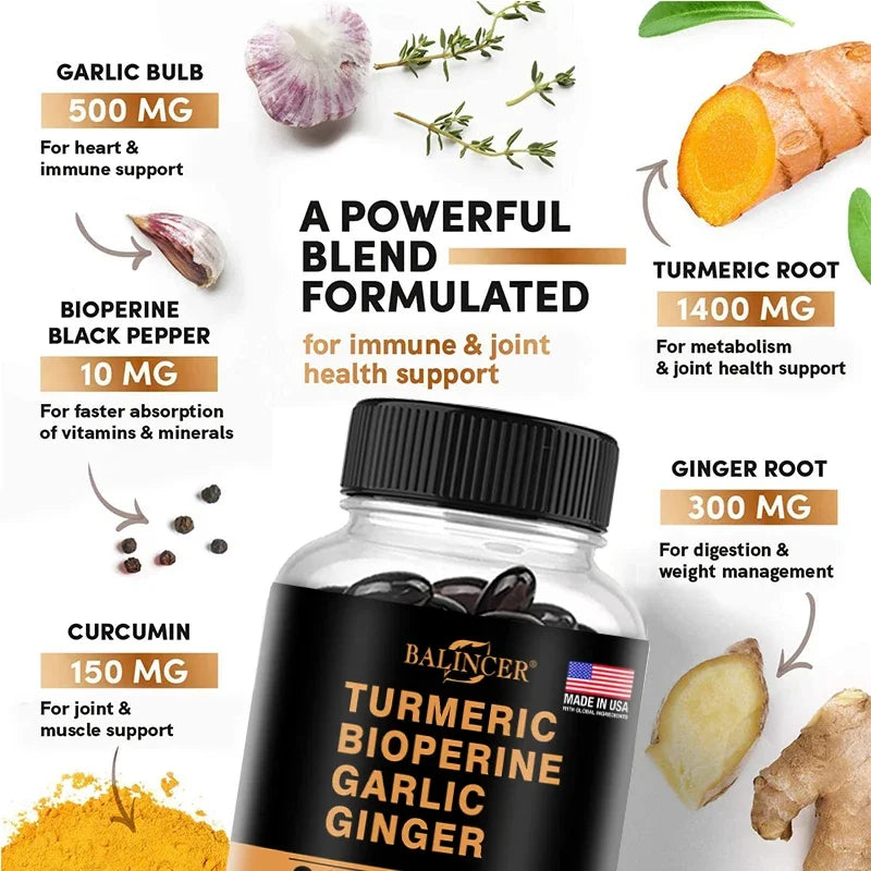 4-in-1 Turmeric Ginger Supplement with Pepperin 2360 Mg with Garlic Curcumin Black Pepper, for Joint, Digestive &amp; Immune Support