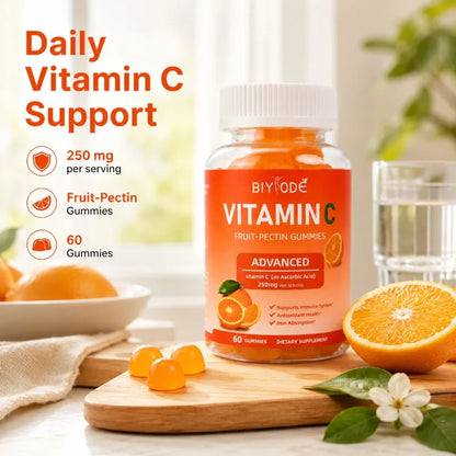 Vitamin C Gummies 250mg Orange Flavor 60 Count Fruit Pectin Chewables Daily Wellness Supplement Gluten Free for Adults Men Women