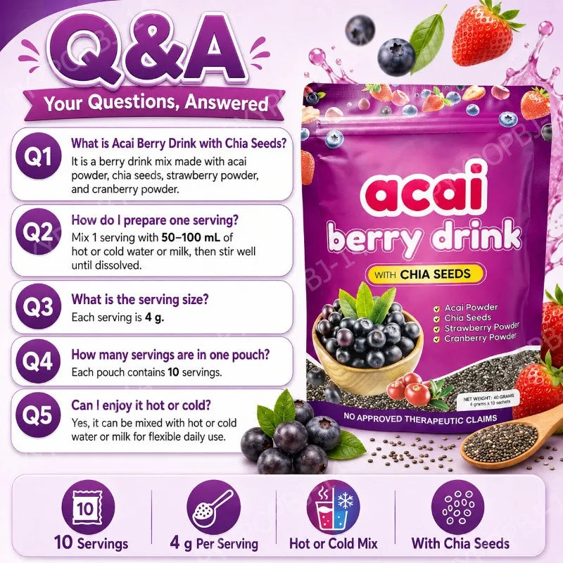 Acai Berry Supplement Powder with Chia Seeds – Berry &amp; Seed Blend – 10 Sachets – Easy To Mix – Non-GMO, Gluten Free