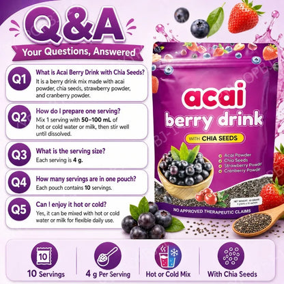 Acai Berry Supplement Powder with Chia Seeds – Berry &amp; Seed Blend – 10 Sachets – Easy To Mix – Non-GMO, Gluten Free