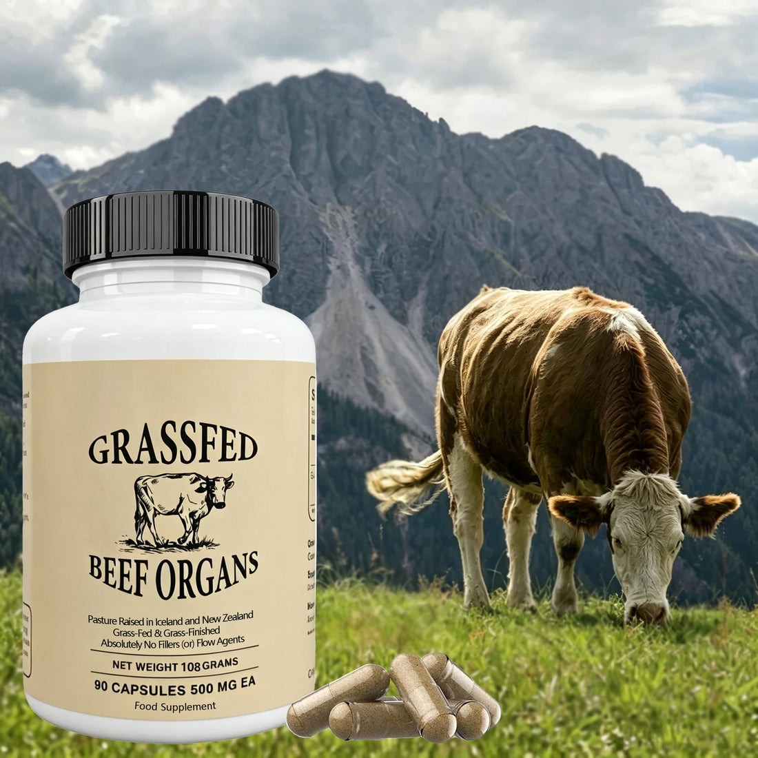 Grass Fed Beef Organs Supplement Supports Energy Production, Detoxification, Digestion, Immunity and Body Wellness, 90 Capsules
