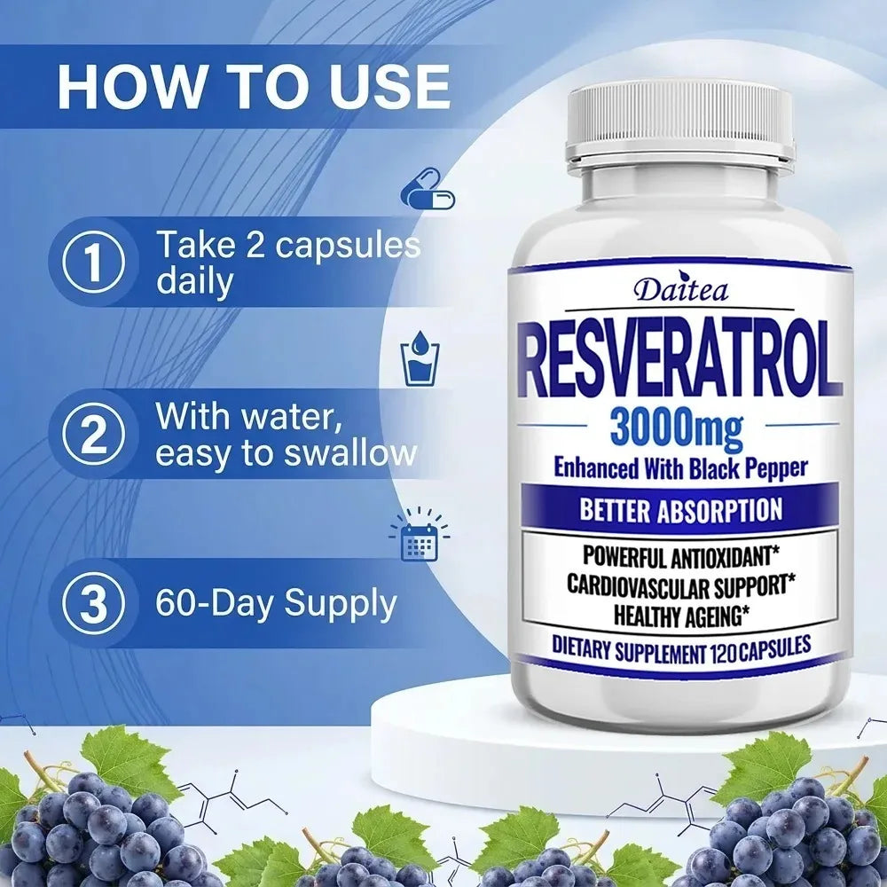 Resveratrol Supplement Capsules - Anti-Aging, Cardiovascular &amp; Joint Support, Skin Health