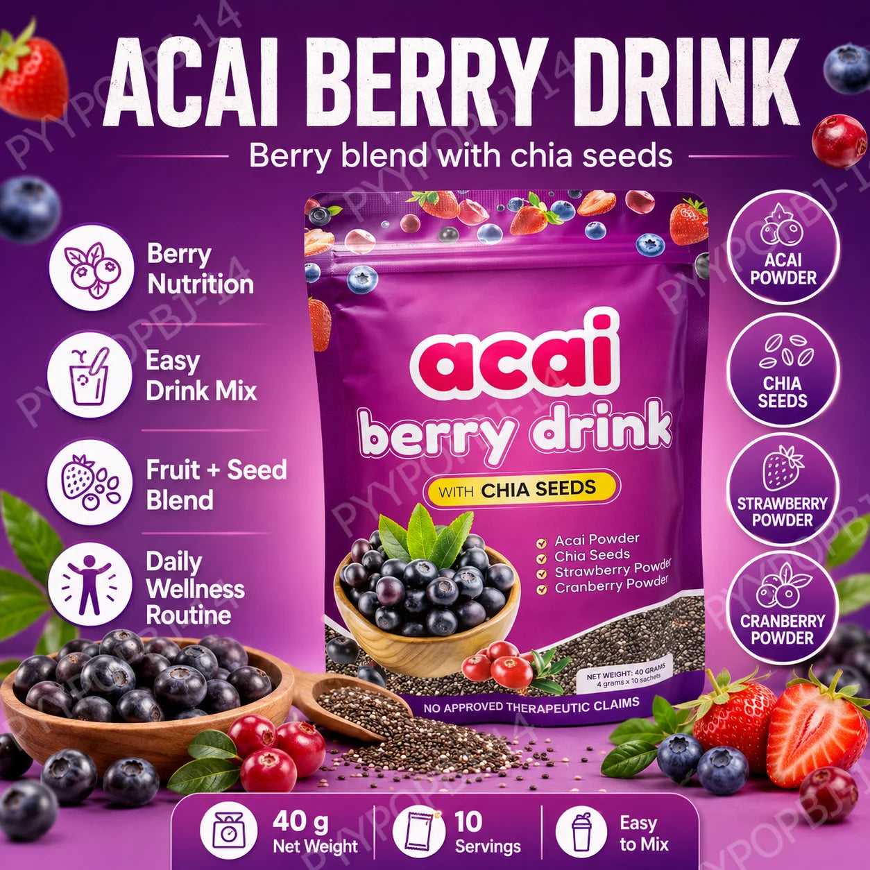 Acai Berry Supplement Powder with Chia Seeds – Berry &amp; Seed Blend – 10 Sachets – Easy To Mix – Non-GMO, Gluten Free